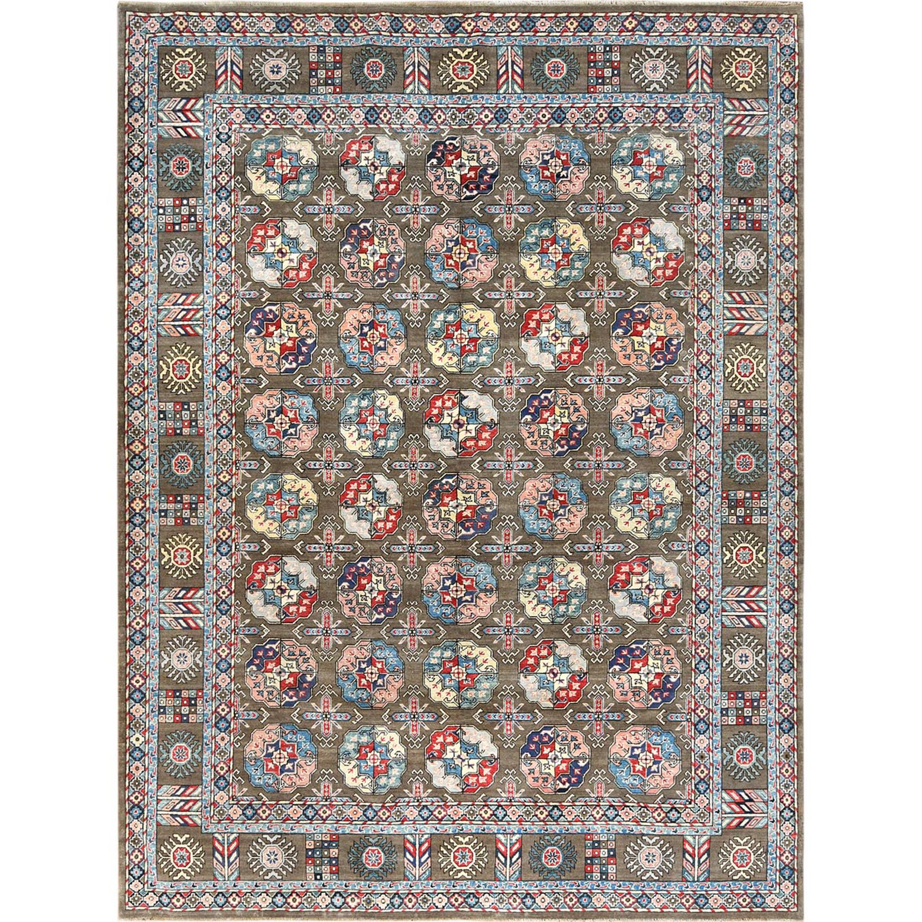 9'7"x12'9" Afghan Special Kazak with Elephant Feet Design, Shiny Wool, Hand Knotted, Taupe, Oriental Rug 